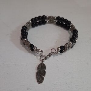 Black Beaded Bracelet with Feather Charm